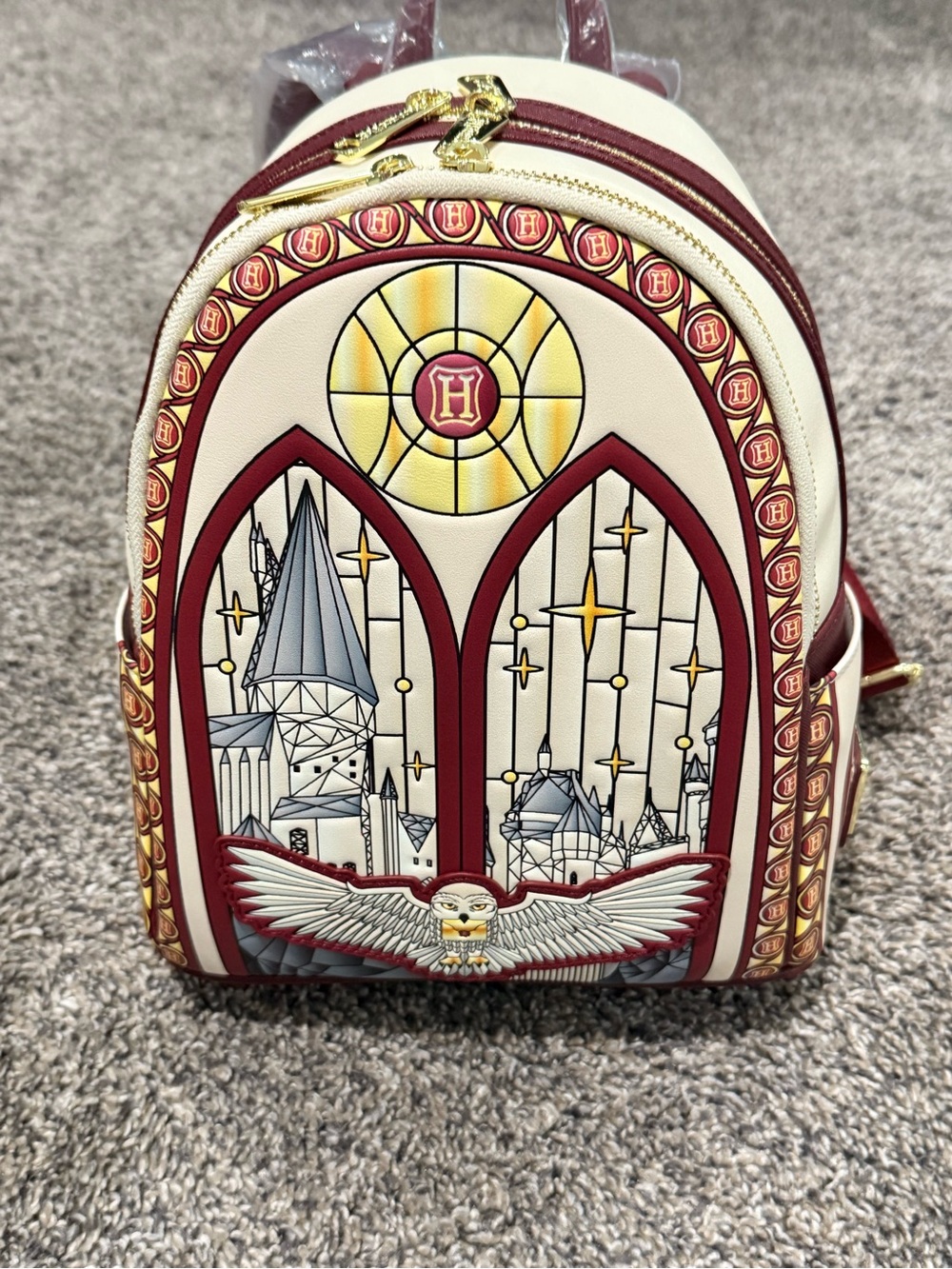 Loungefly Red and Cream Hogwarts Stained Glass Mini Backpack